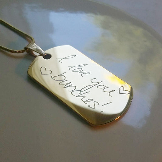 Military tag necklace, Handwriting engraved on gold tag pendant