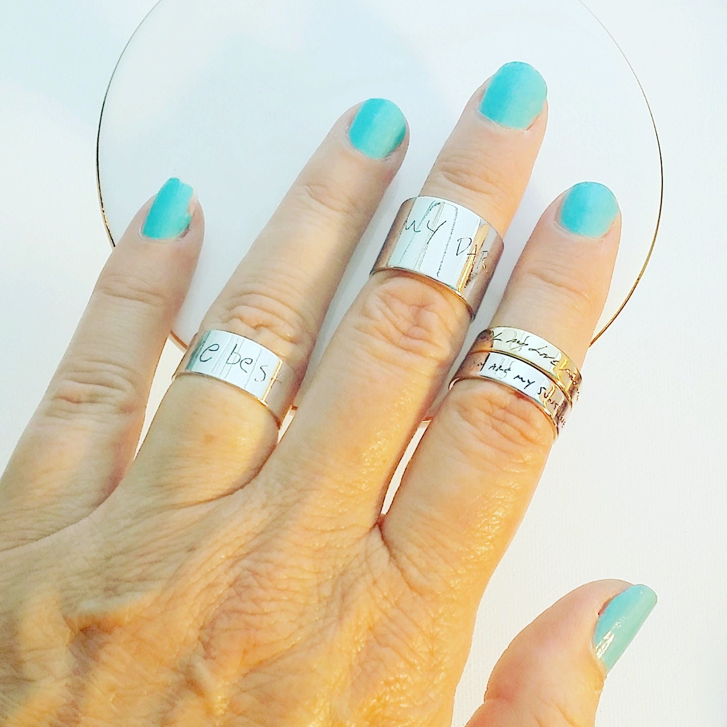 Handwriting engraved on silver ring band, stackable and adjustable