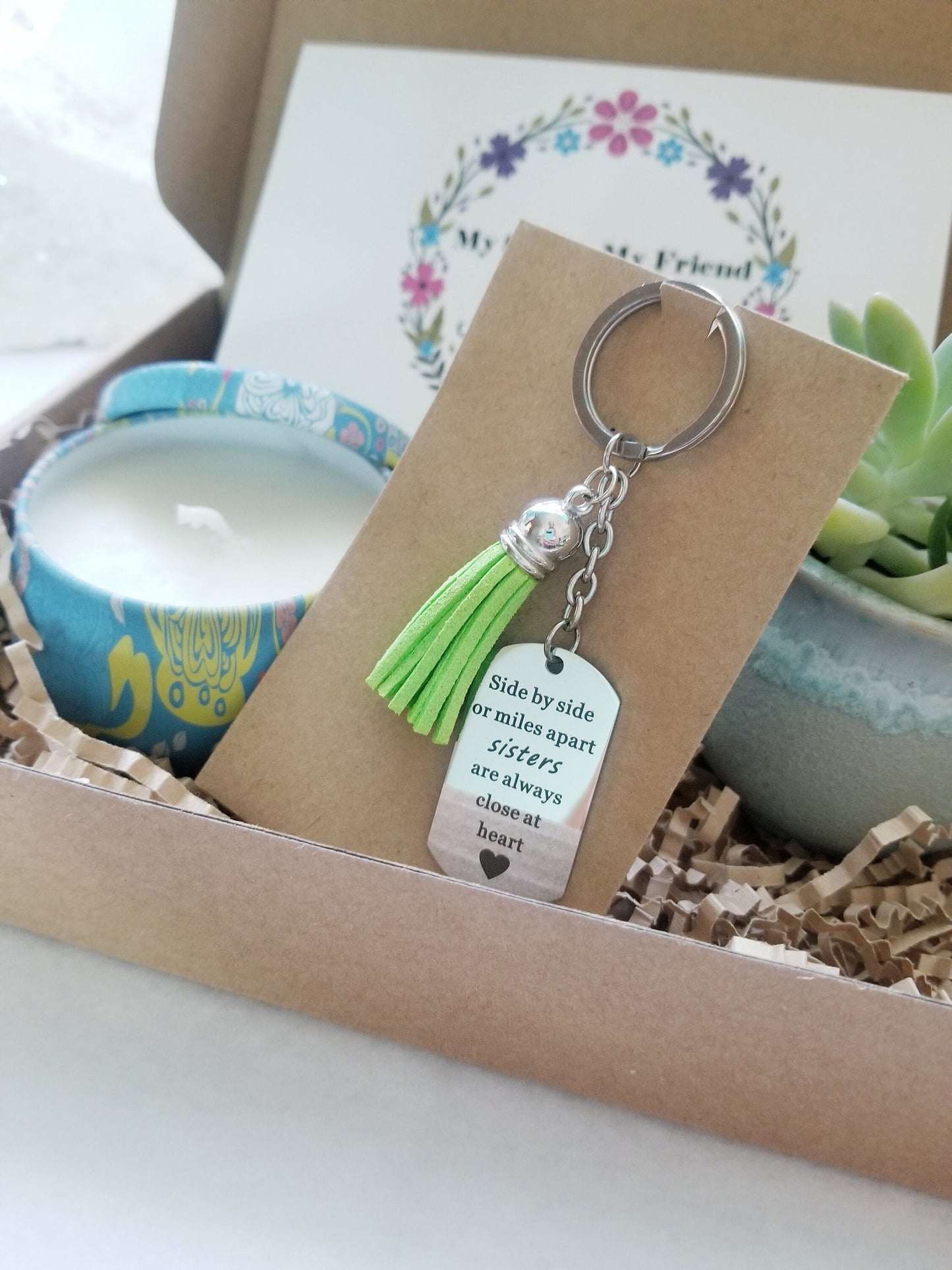 Sisters gift set - mini succulent, candle & personalized keychain