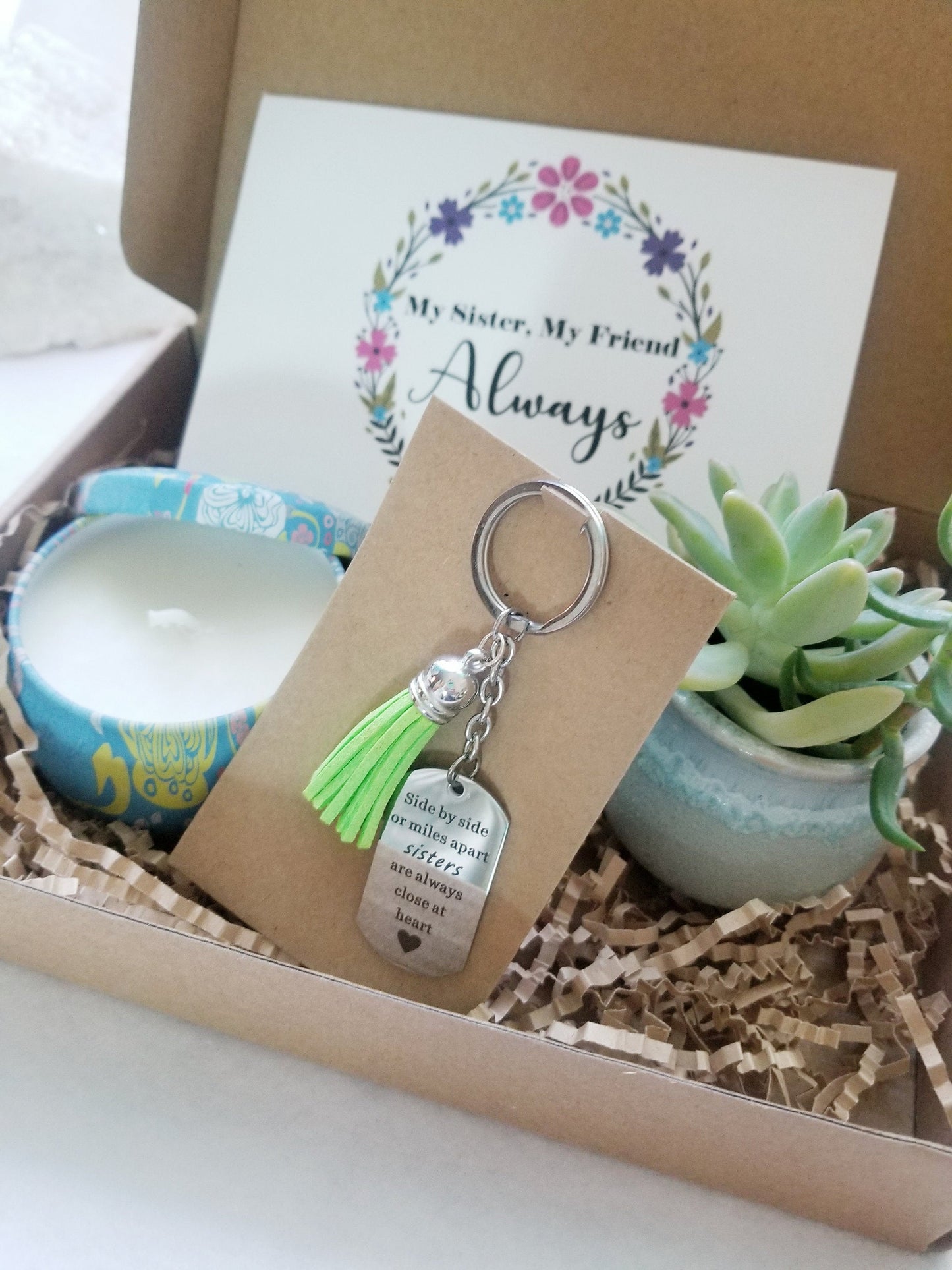 Sisters gift set - mini succulent, candle & personalized keychain