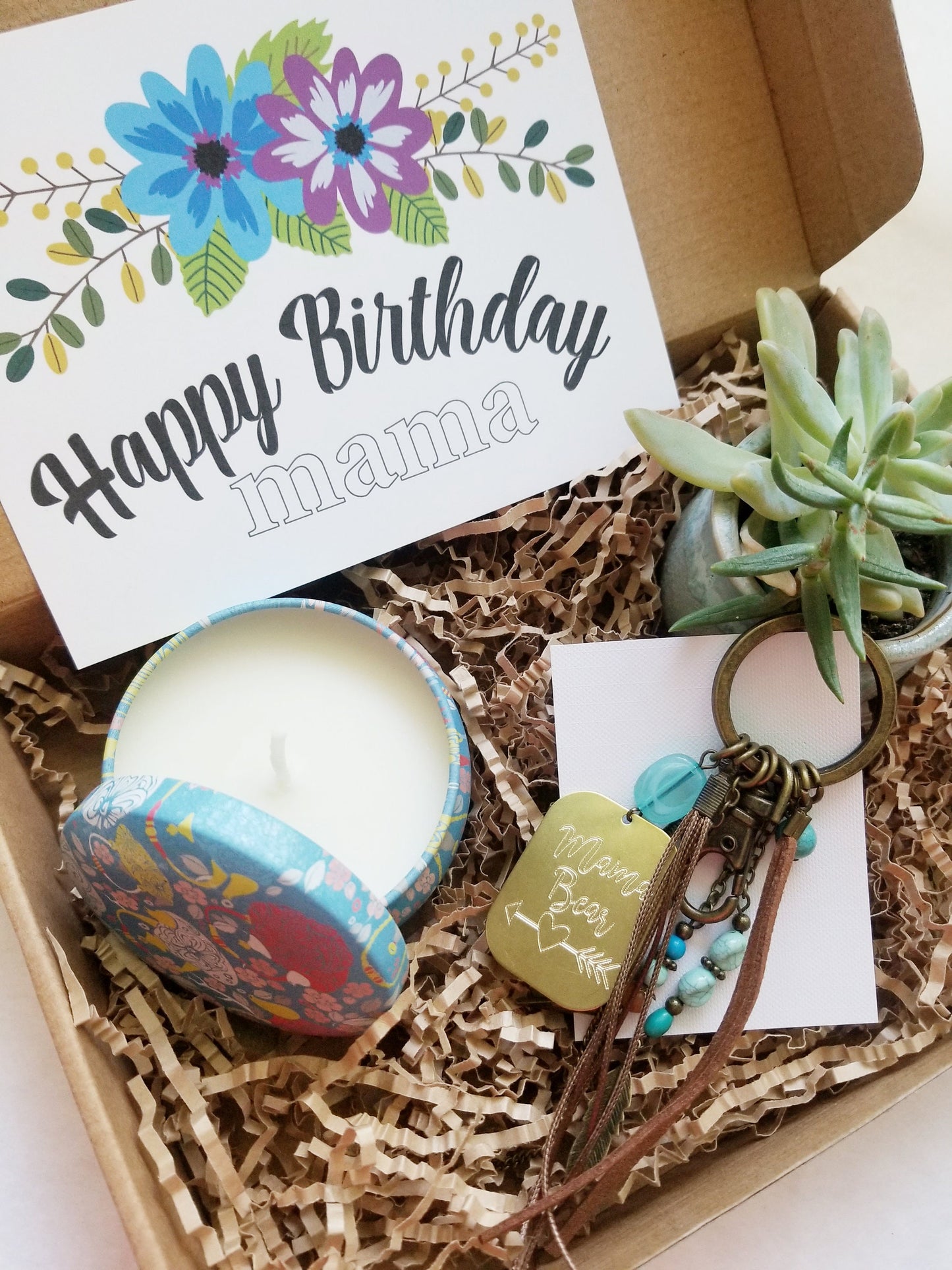 Birthday gift set for Mom - Candle, mini succulent, mama bear keychain