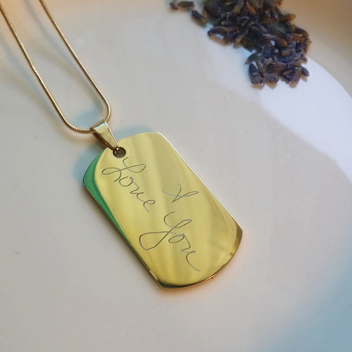 Military tag necklace, Handwriting engraved on gold tag pendant