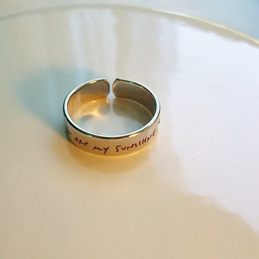 Custom handwriting engraved on adjustable ring band in silver, gold or rose gold