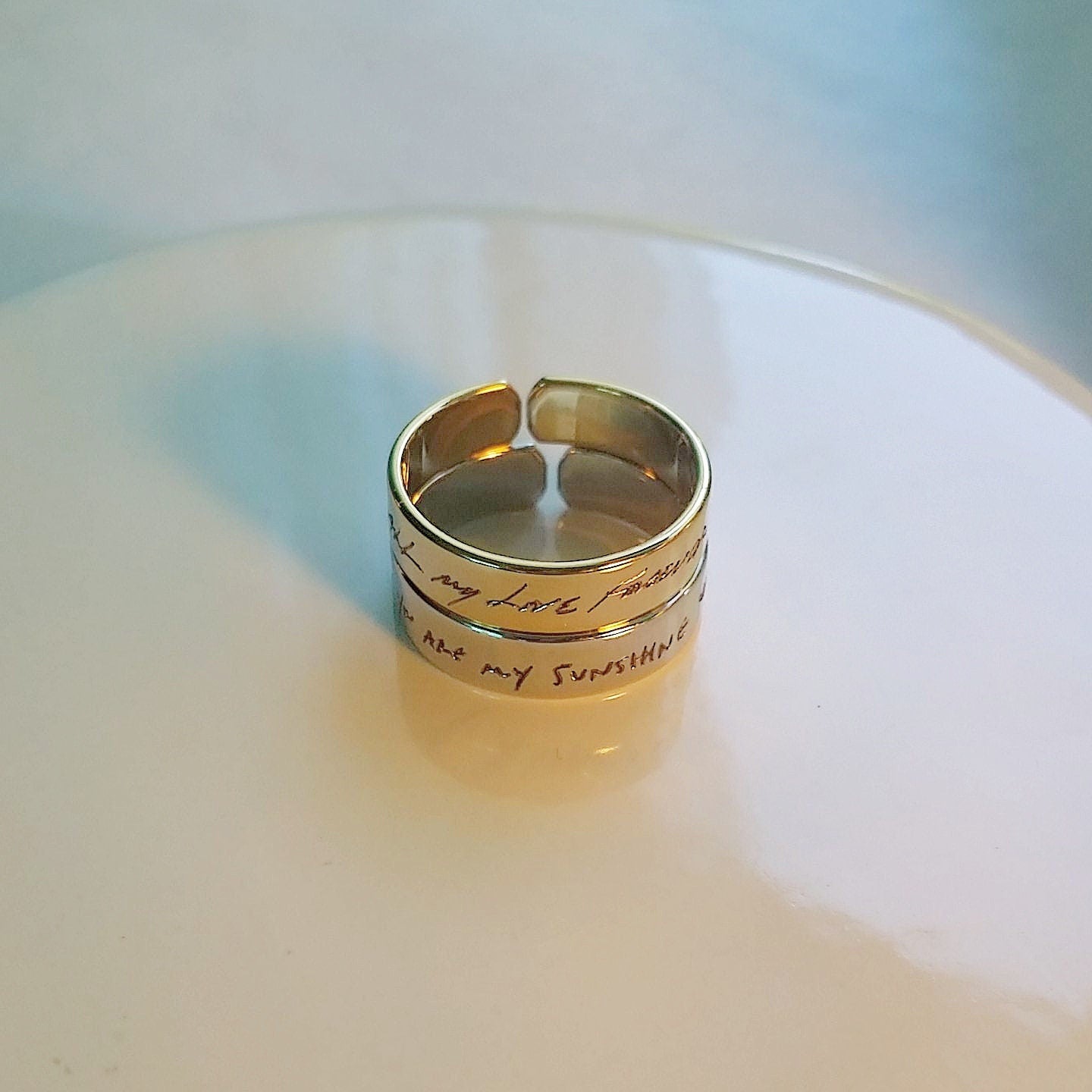 Handwriting engraved on silver ring band, stackable and adjustable