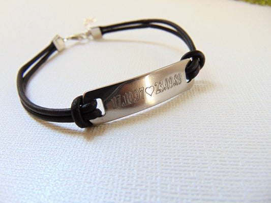Bracelet en cuir noir personnalisé, message gravé personnalisé sur bracelet barre
