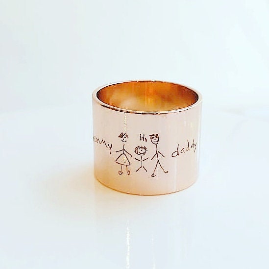 Custom handwriting tube ring, engraved rose gold ring band, child drawing ring, Signature ring, memorial  keepsake gift, personalized ring