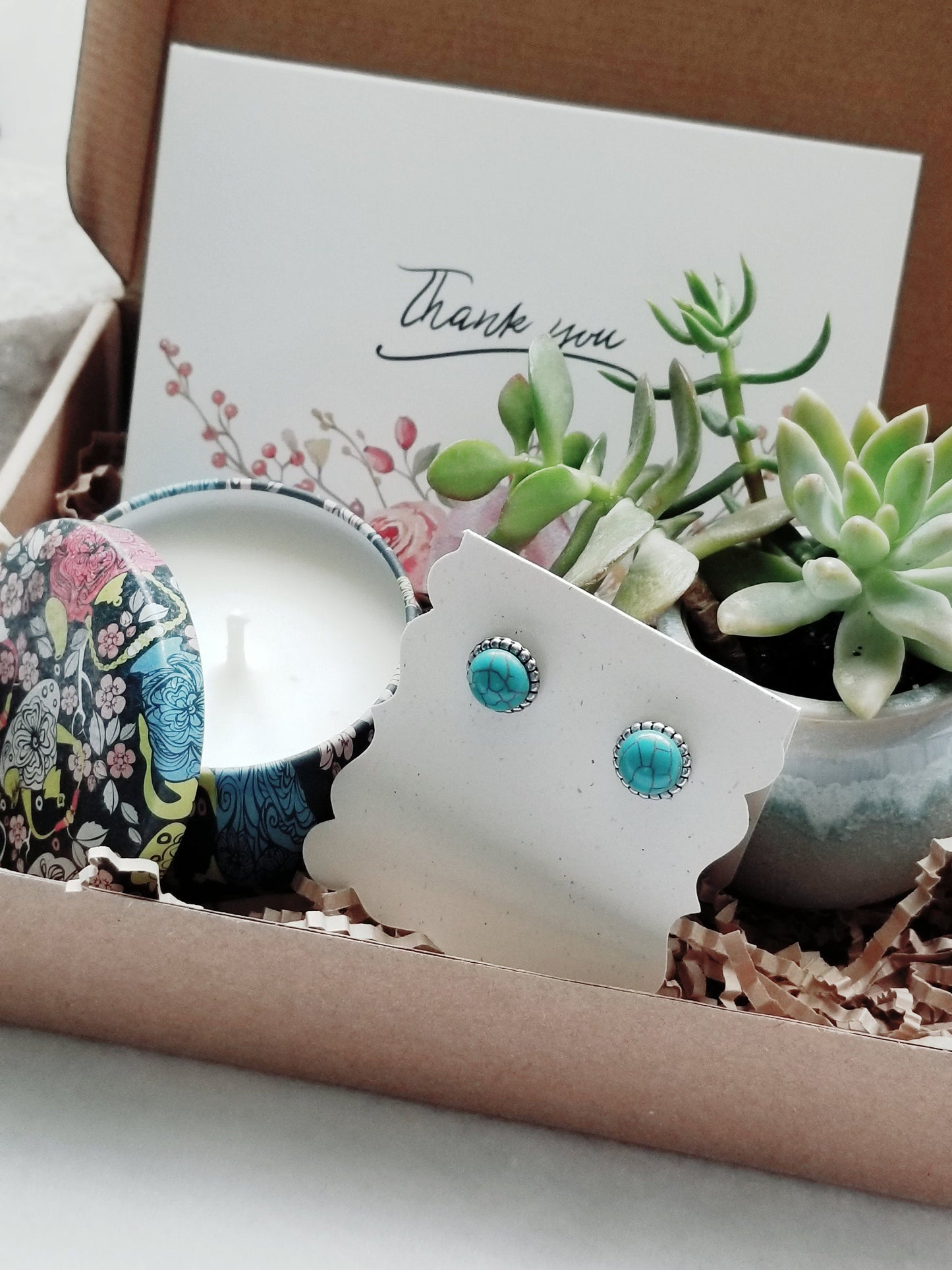 Envoyer un ensemble cadeau de remerciement - mini succulentes, boucles d'oreilles et bracelet Turquoise