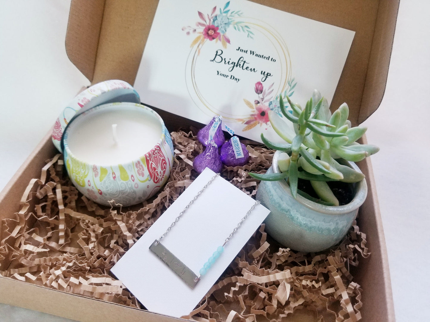 Just wanted to brighten your day - Encouragement care package, Candle, succulent and necklace