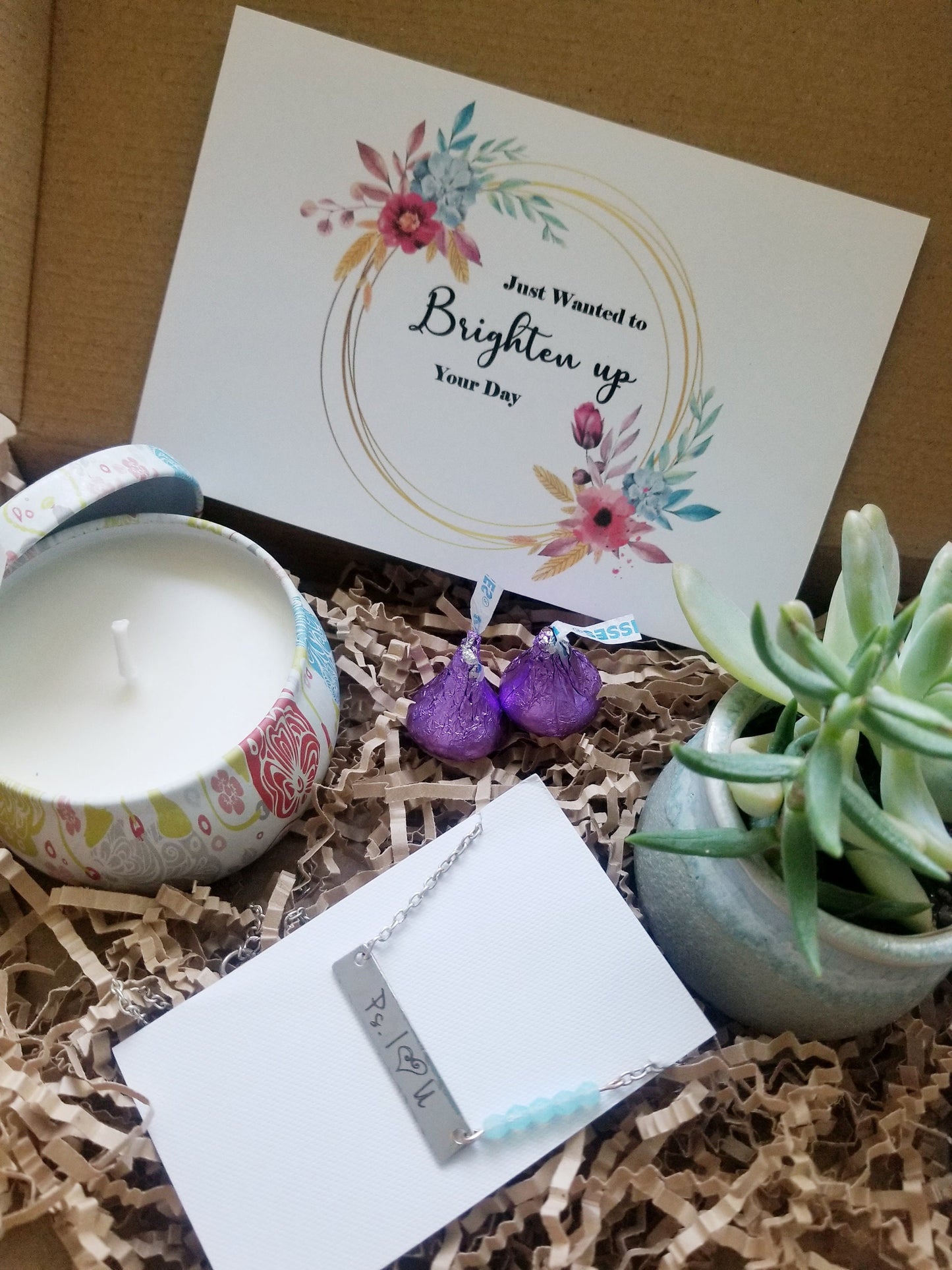 Just wanted to brighten your day - Encouragement care package, Candle, succulent and necklace