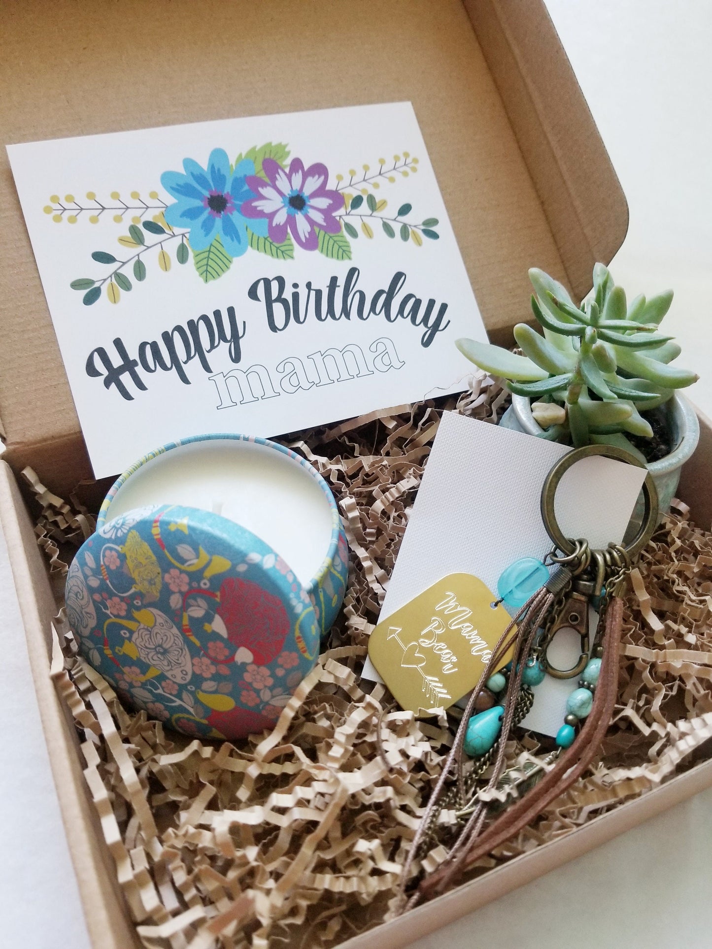 Birthday gift set for Mom - Candle, mini succulent, mama bear keychain