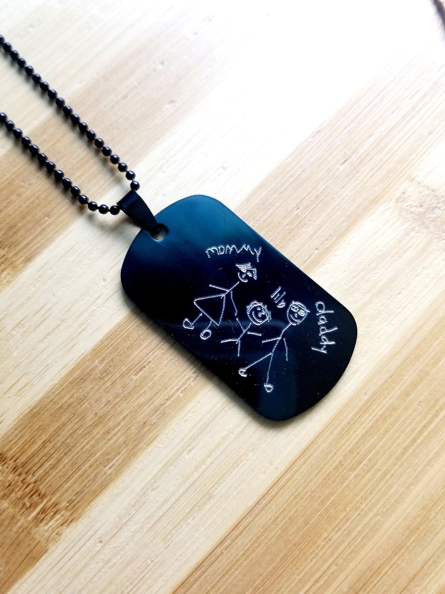 Actual Handwriting engraved on Black necklace, child drawing on military tag pendant