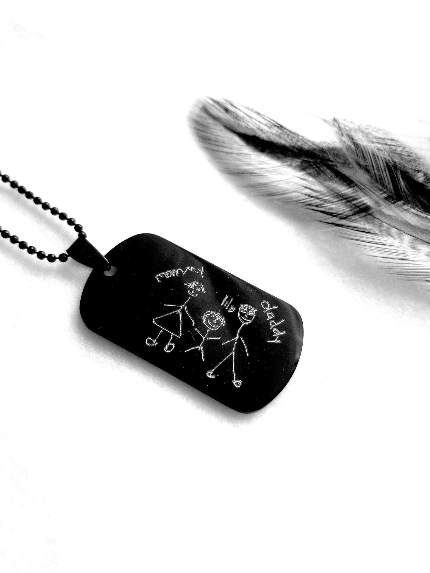 Actual Handwriting engraved on Black necklace, child drawing on military tag pendant