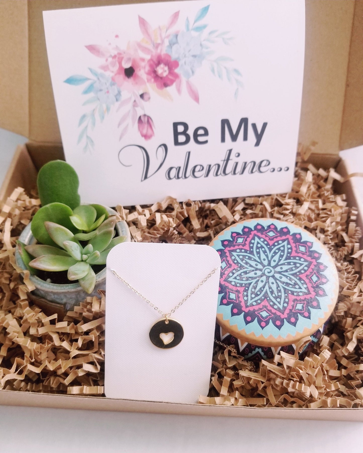Be my Valentine gift set, Live succulent, Valentine's day gift, heart necklace