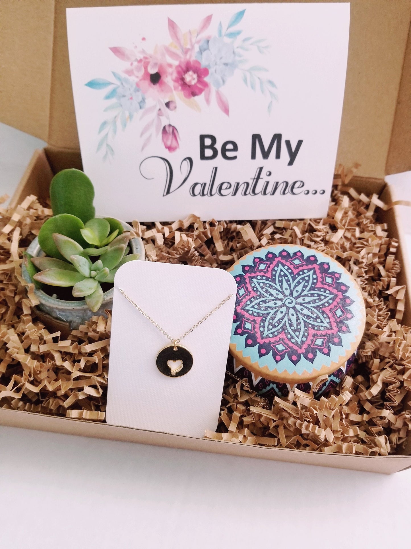 Sé mi caja de regalo de San Valentín, juego de regalo del día de San Valentín, regalo suculento en vivo, regalo de San Valentín para ella/esposa/novia, collar de corazón, joyas de amor