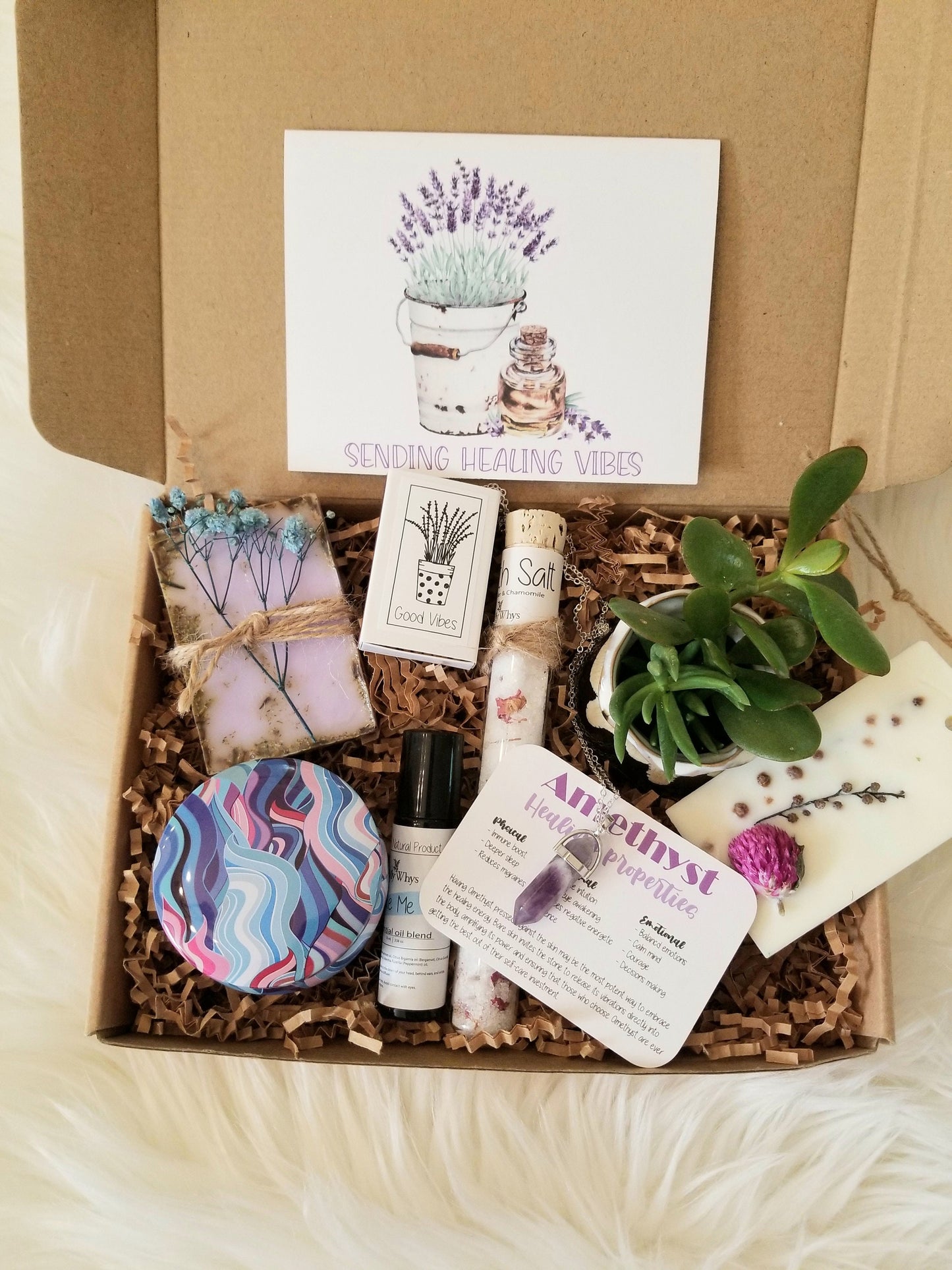 Sending healing vibes gift basket, Thinking of you care package, spirituality gift box, send a healing vibes package, amethyst necklace.