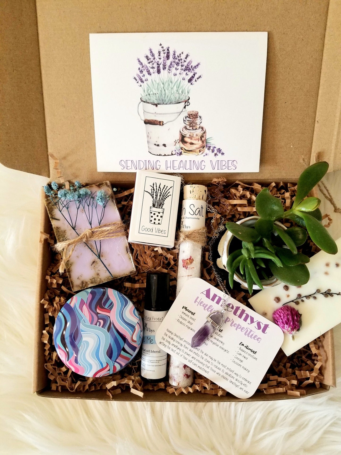 Sending healing vibes gift basket, Thinking of you care package, spirituality gift box, send a healing vibes package, amethyst necklace.