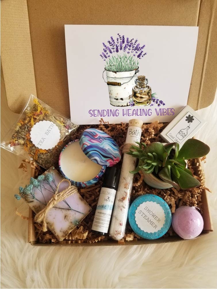 Healing vibes gift box, Thinking of you care package, spa gift basket, send healing vibes in a box, bath and beauty box, pamper yourself box