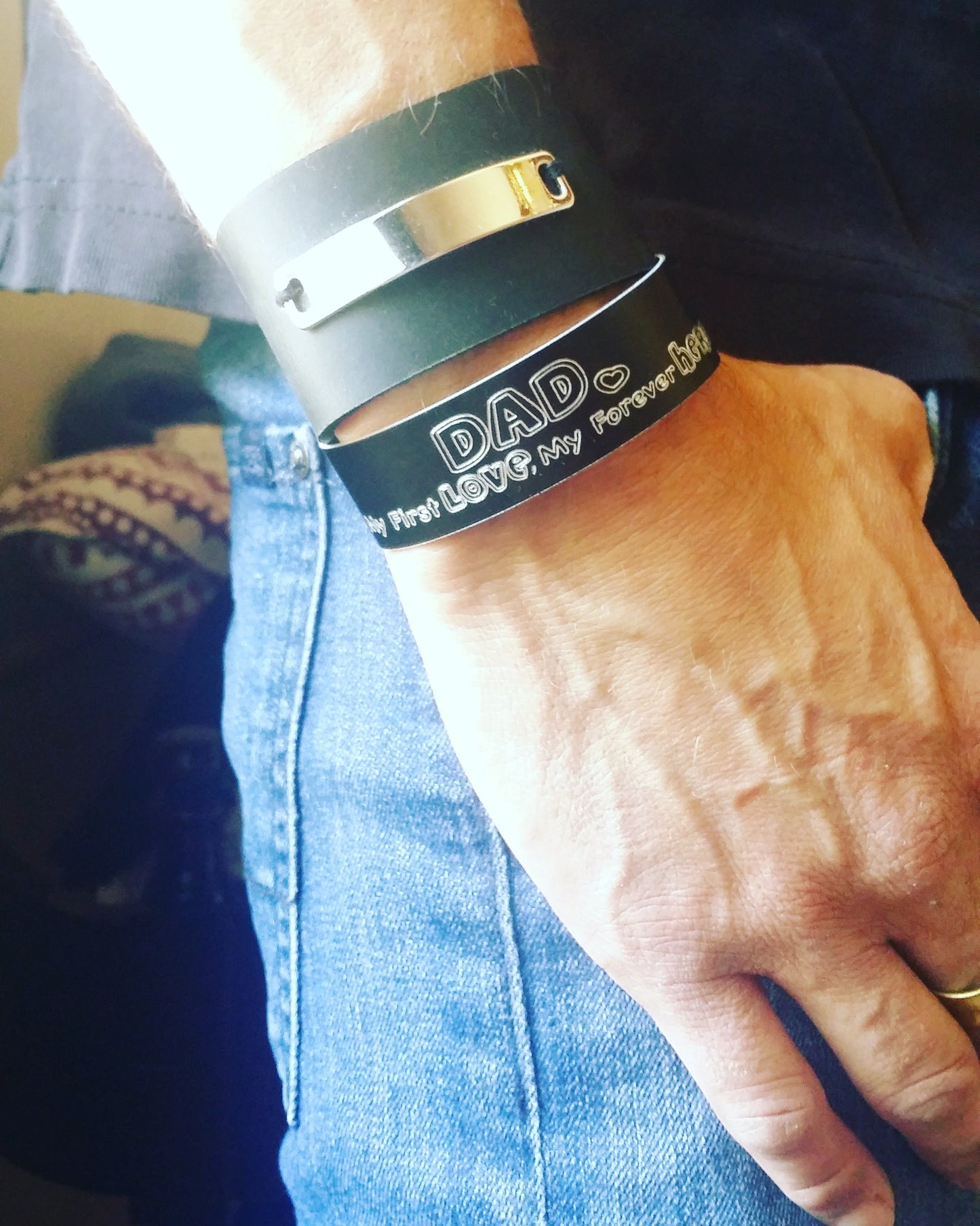 Engrave your own handwriting on black cuff bracelet, Personalized men's gift