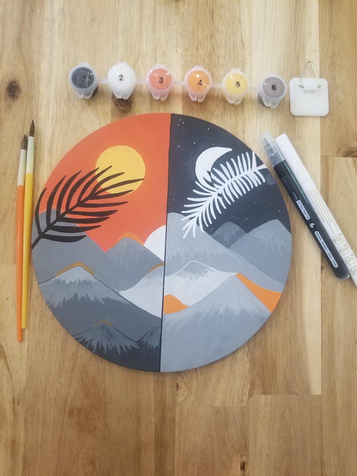 Pintura abstracta de sol y luna, kit de pintura y sorbo, kit de manualidades DIY, pintura por números, fiesta de pintura, decoración boho, arte de pared de madera, arte casero de la naturaleza.