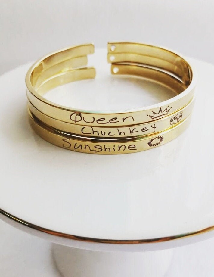Personalized gold cuff, Custom handwritten bracelet