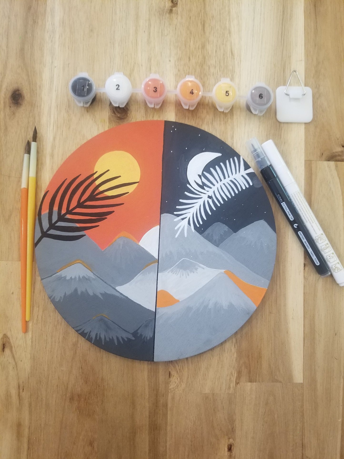 Pintura abstracta de sol y luna, kit de pintura y sorbo, kit de manualidades DIY, pintura por números, fiesta de pintura, decoración boho, arte de pared de madera, arte casero de la naturaleza.