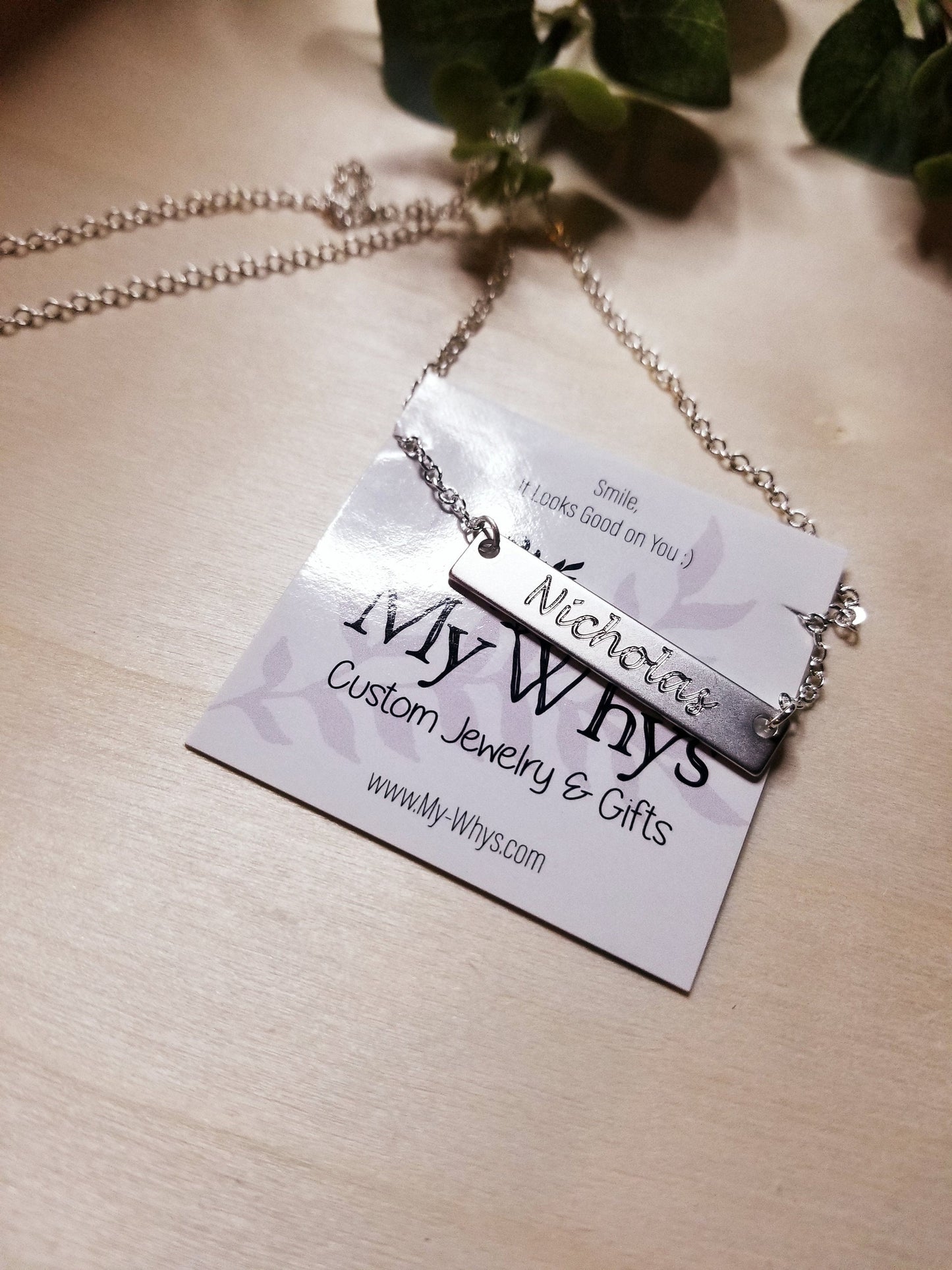 Birthstone nameplate necklace, custom name bar necklace, engraved message bar