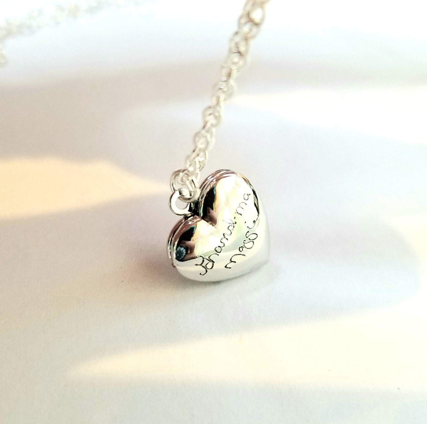 Tiny Heart locket necklace engraved with Actual handwriting in silver/gold/rose gold