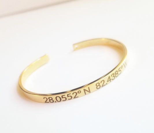 Custom Geographic Coordinates Bracelet - Latitude & Longitude, Engraved GPS cuff in silver, Rose Gold, Gold adjustable bangle