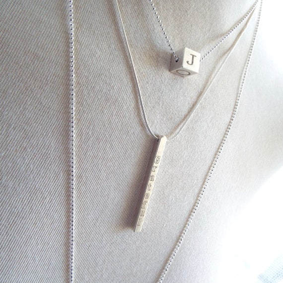 4 sided Vertical bar necklace, Cuboid engraved necklace