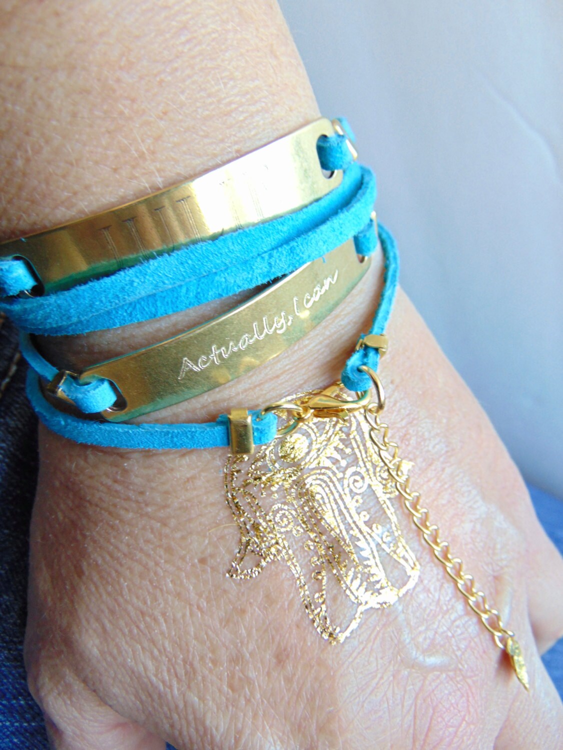 Turquoise Leather wrap bracelet, custom message engraved on bar bracelet