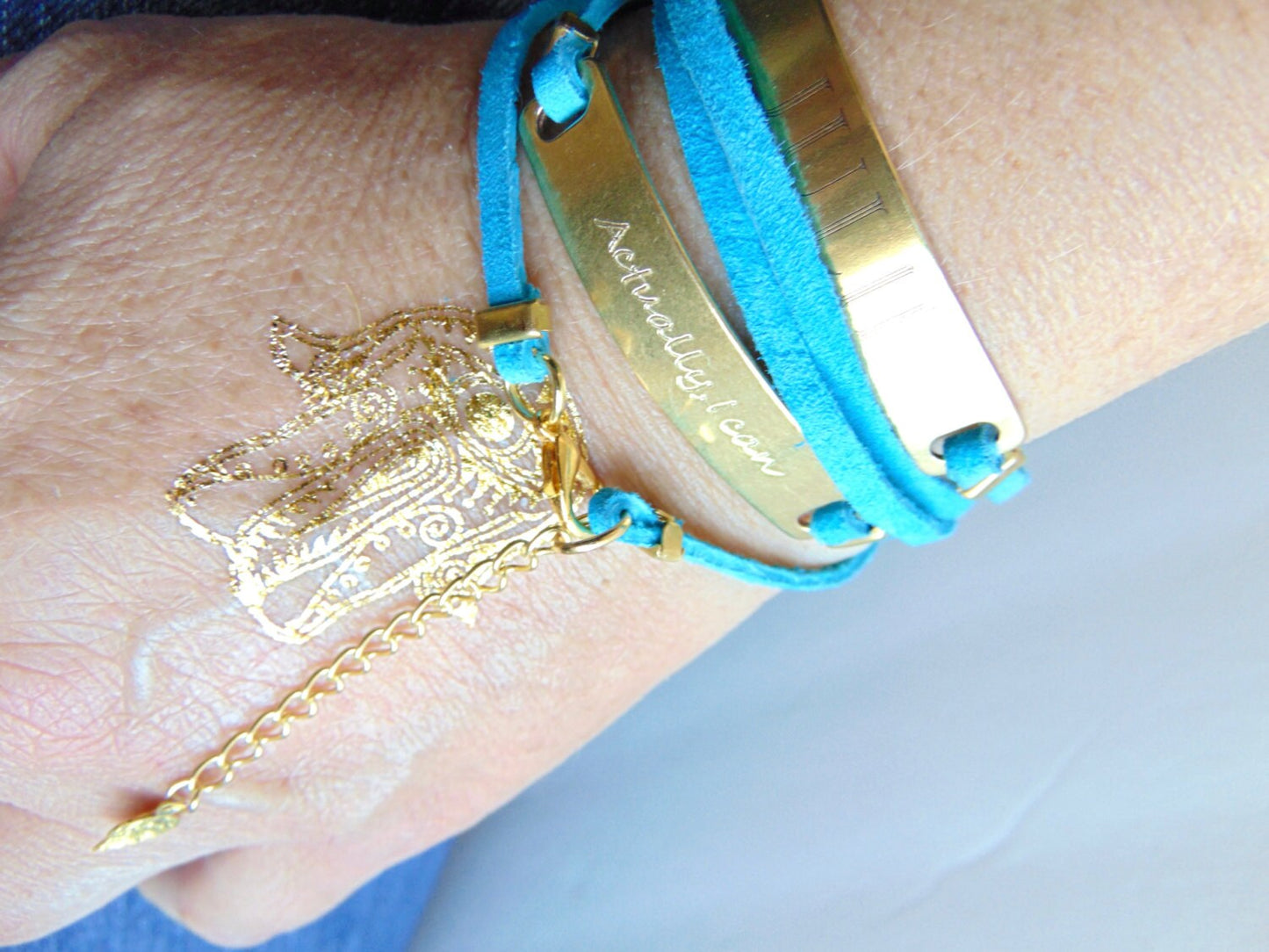 Turquoise Leather wrap bracelet, custom message engraved on bar bracelet