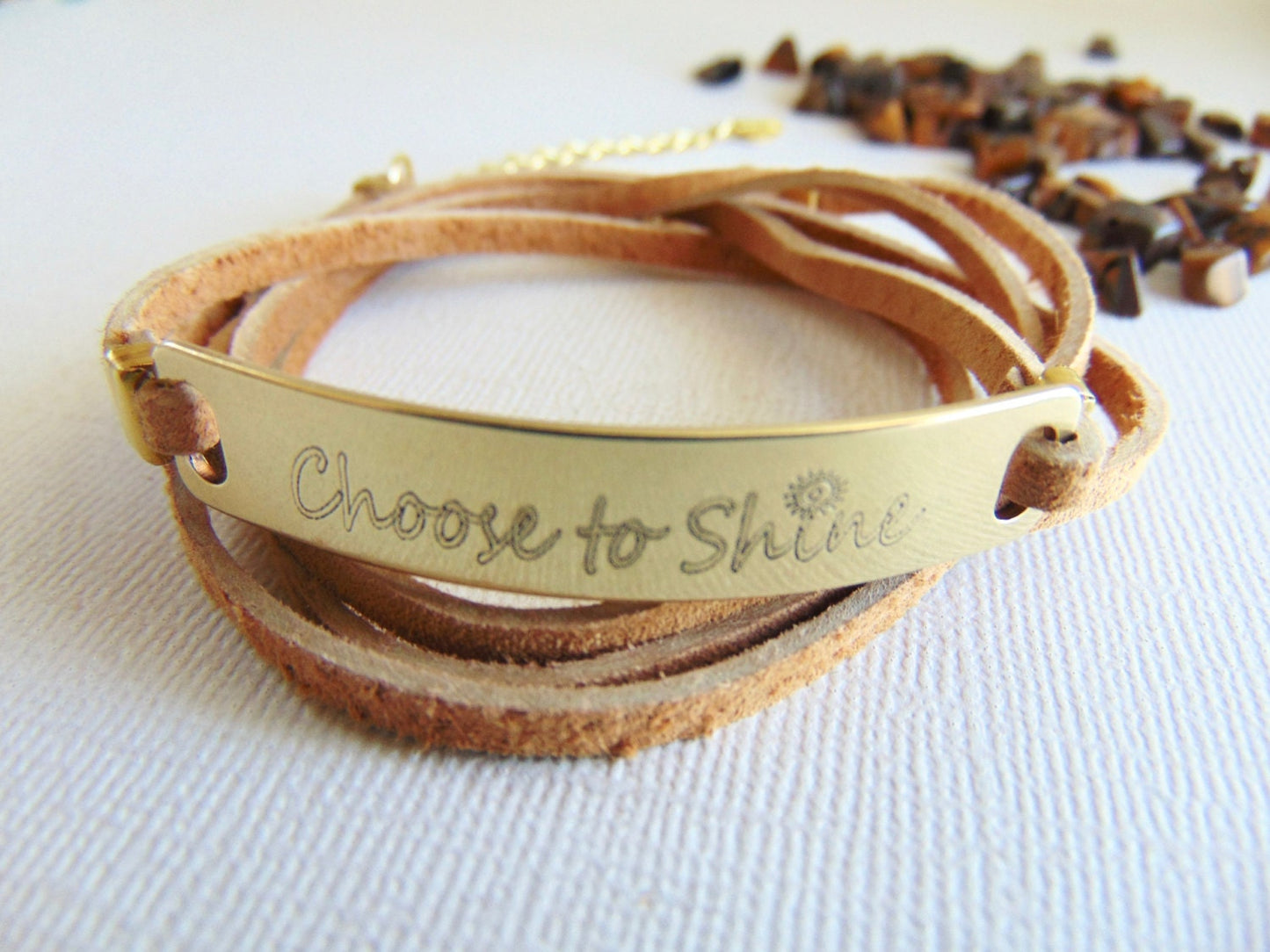 Choose to Shine - Engraved quote on Brass and Leather wrap bracelet