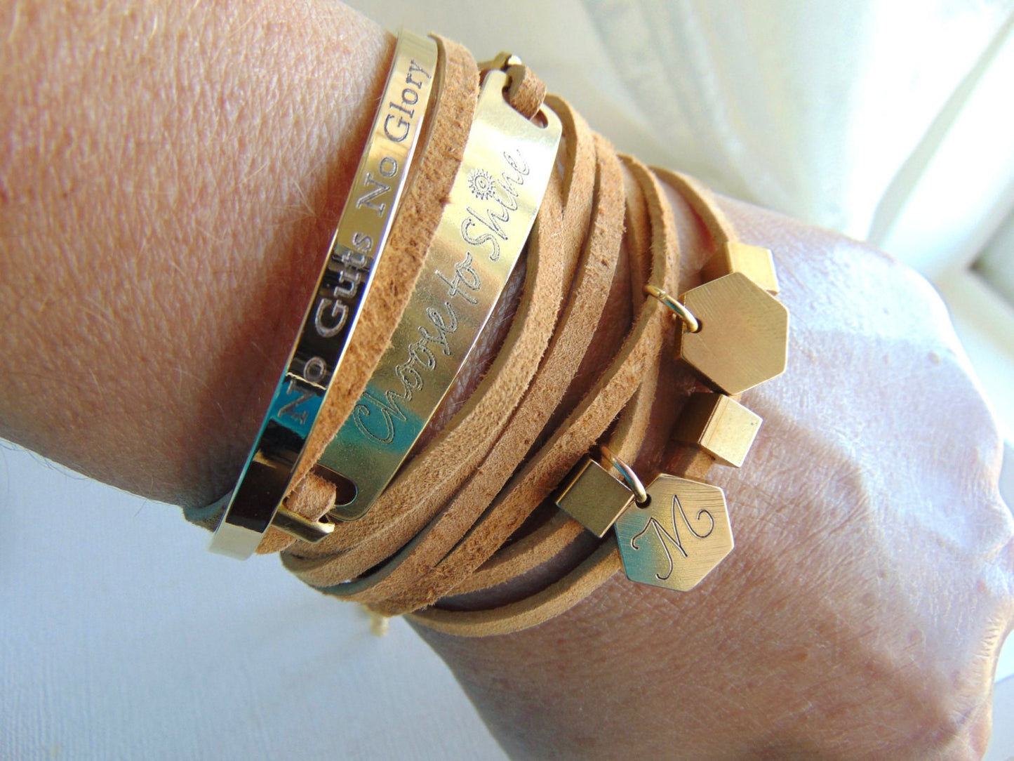 Choose to Shine - Engraved quote on Brass and Leather wrap bracelet