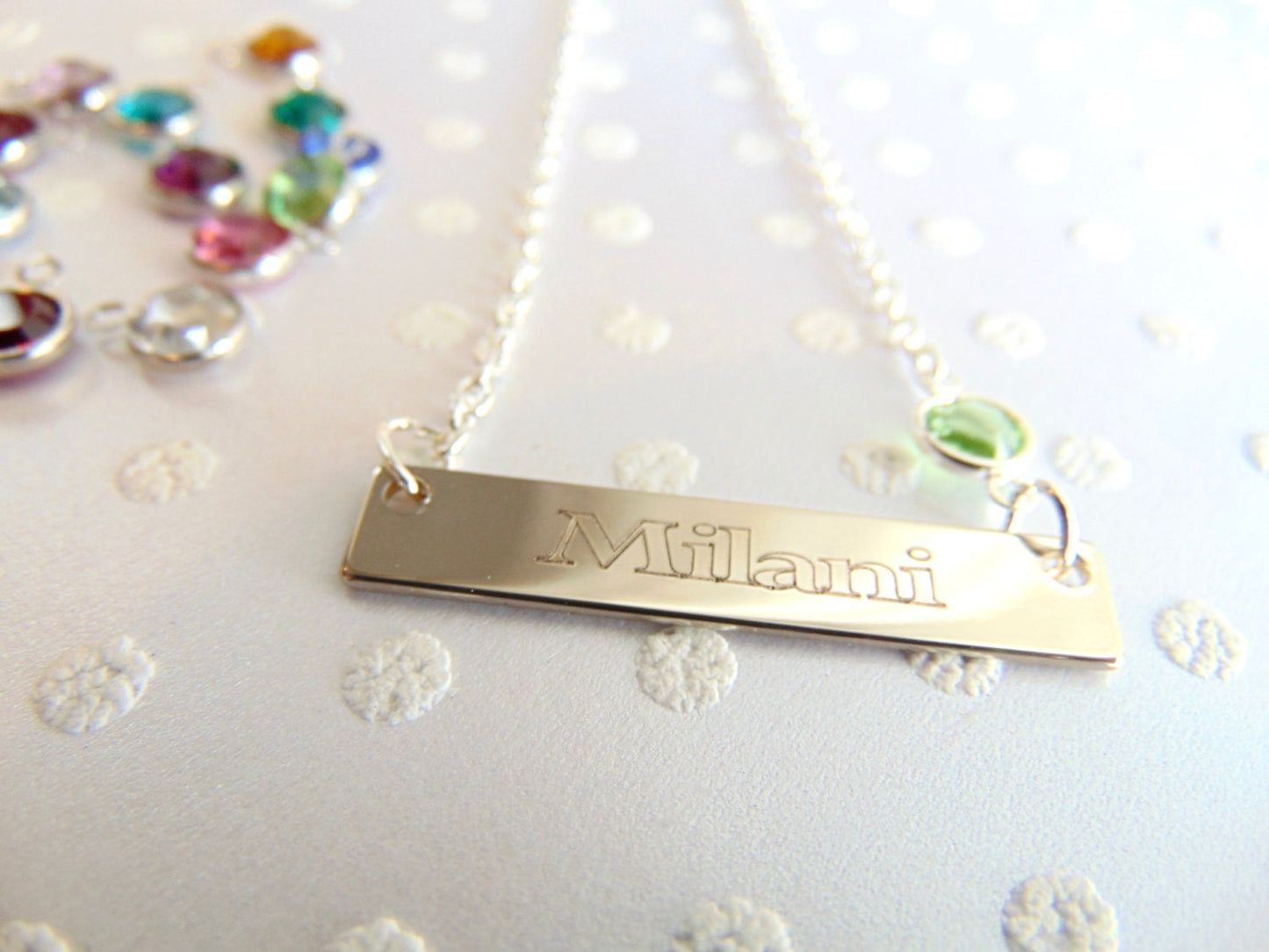 Birthstone nameplate necklace, custom name bar necklace, engraved message bar