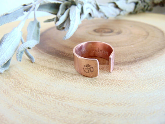 OM, Yoga, Secret message ring custom quote ring adjustable wide copper band Personalized engraved Ring spiritual jewelry Trust The Universe