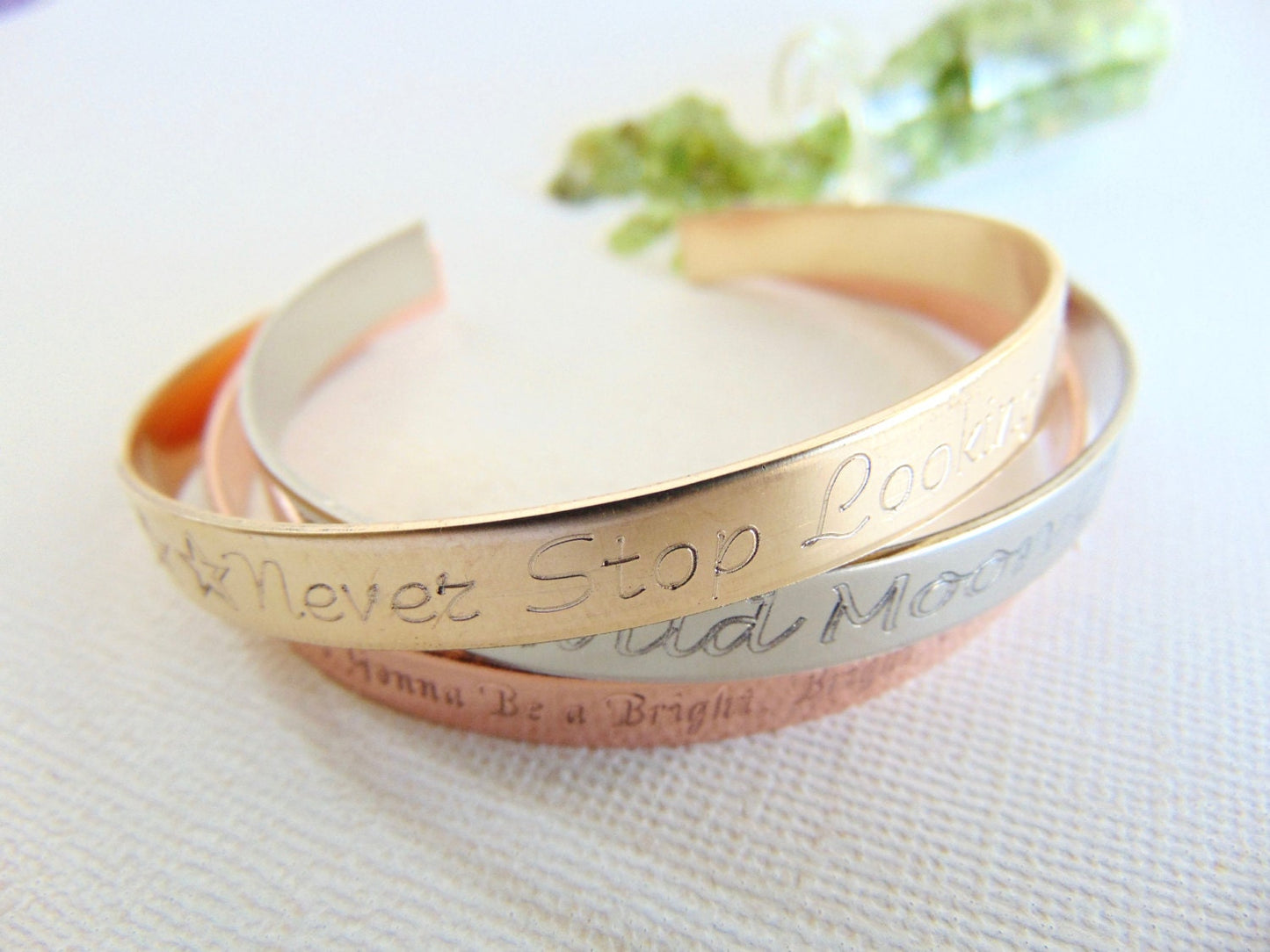 Mantra Engraved on cuff bracelet - Gold, silver or rose gold