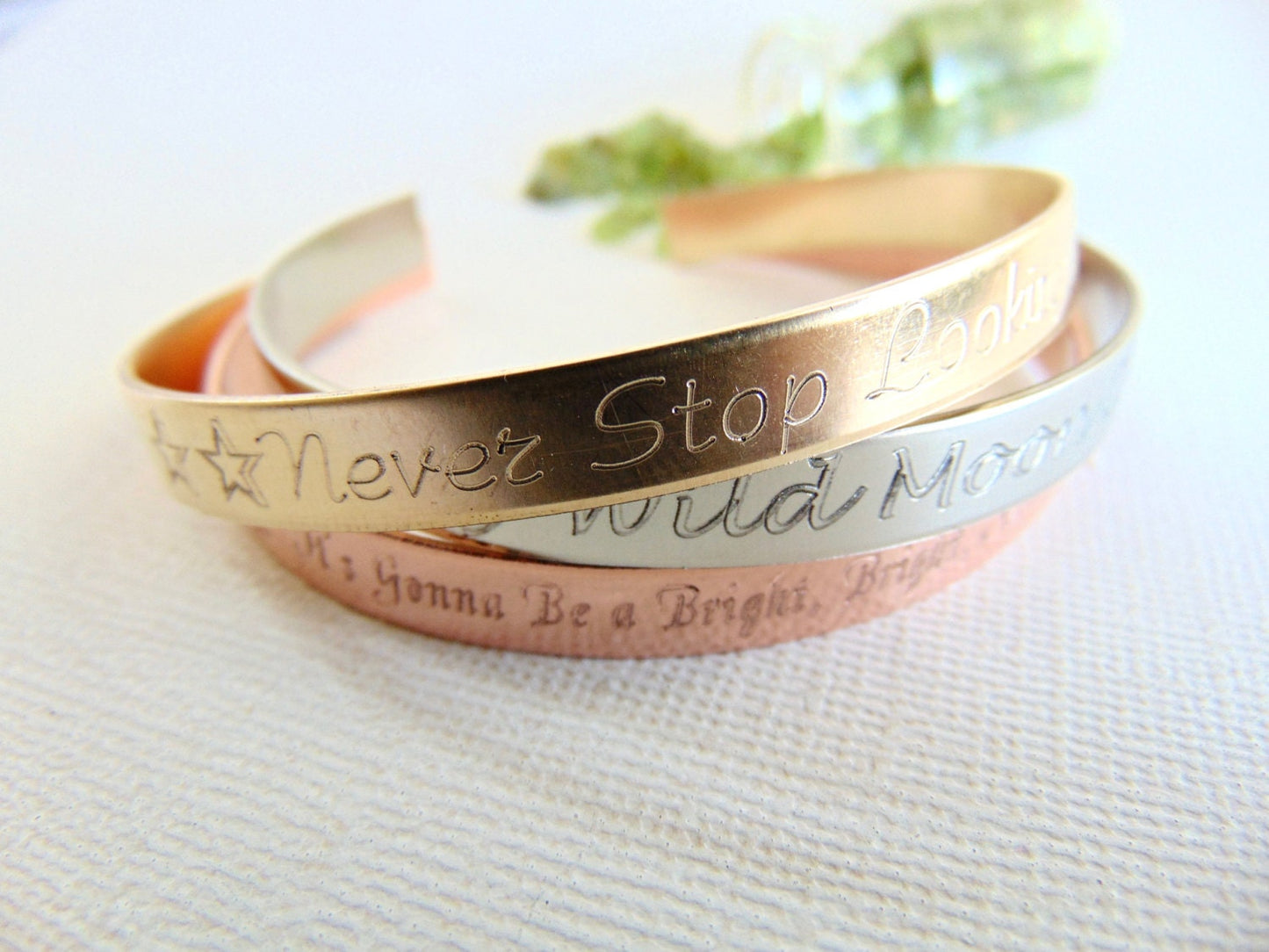 Mantra Engraved on cuff bracelet - Gold, silver or rose gold