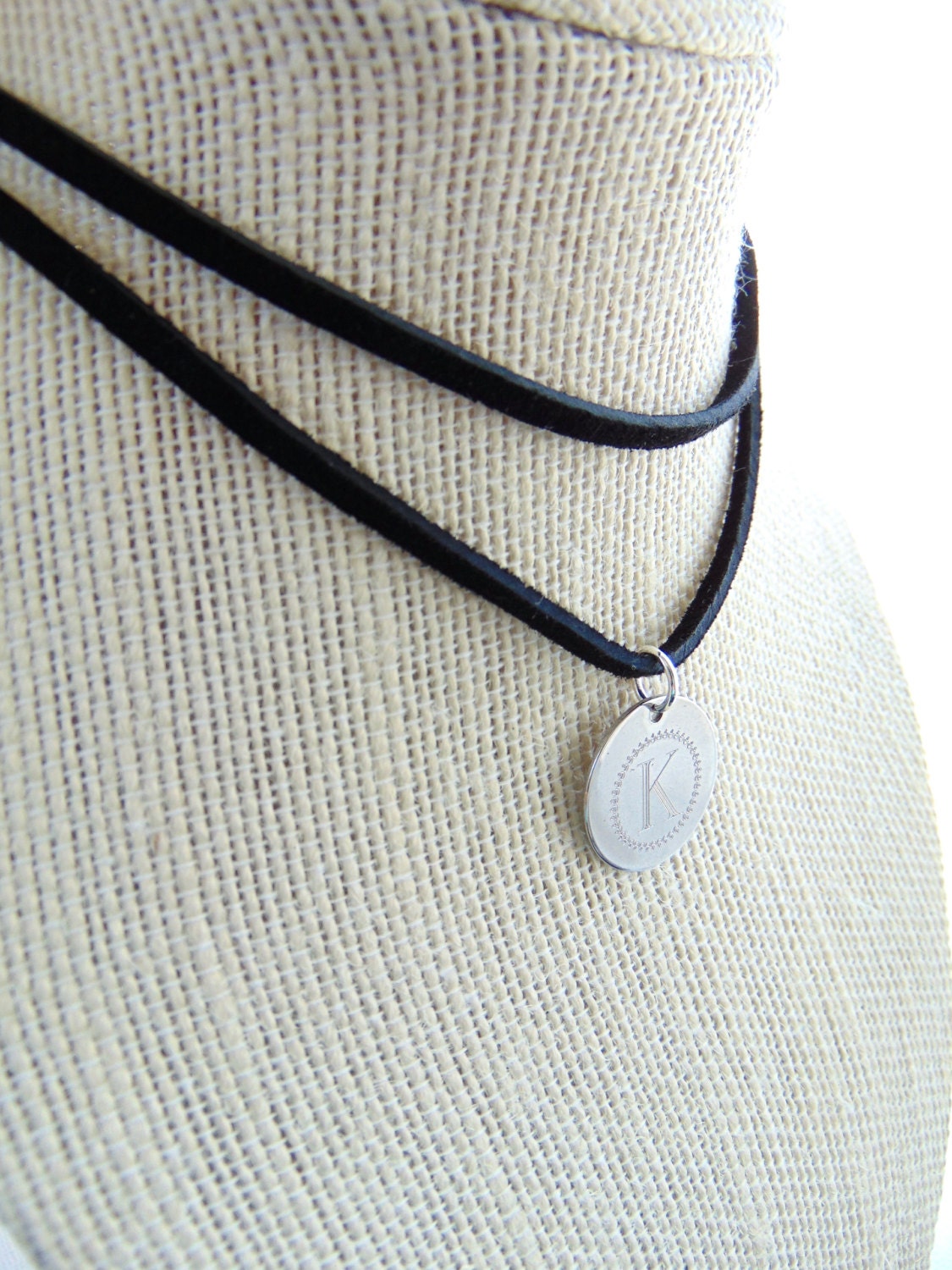 Stainless disc choker, Black leather coin necklace, double strand wrap choker, initial necklace, stamped letter necklace, coin choker.