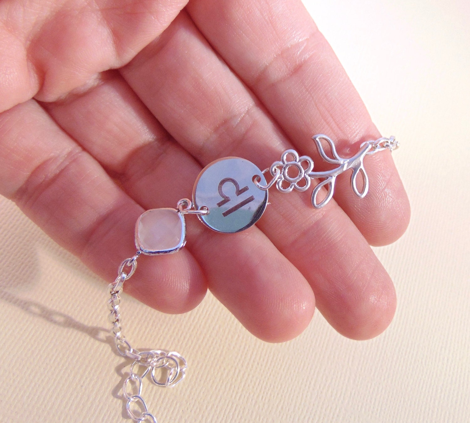 Zodiac bracelet, White Opal April birthstone charm bracelet, personalized horoscope bracelet, Zodiac jewelry, Custom Birthday gift, Libra