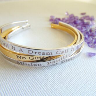 Personalized Bracelet, 16K gold bangle, custom text layered cuff, Secret message, Hand stamped quote Mantra cuff, engraved motivation quote.
