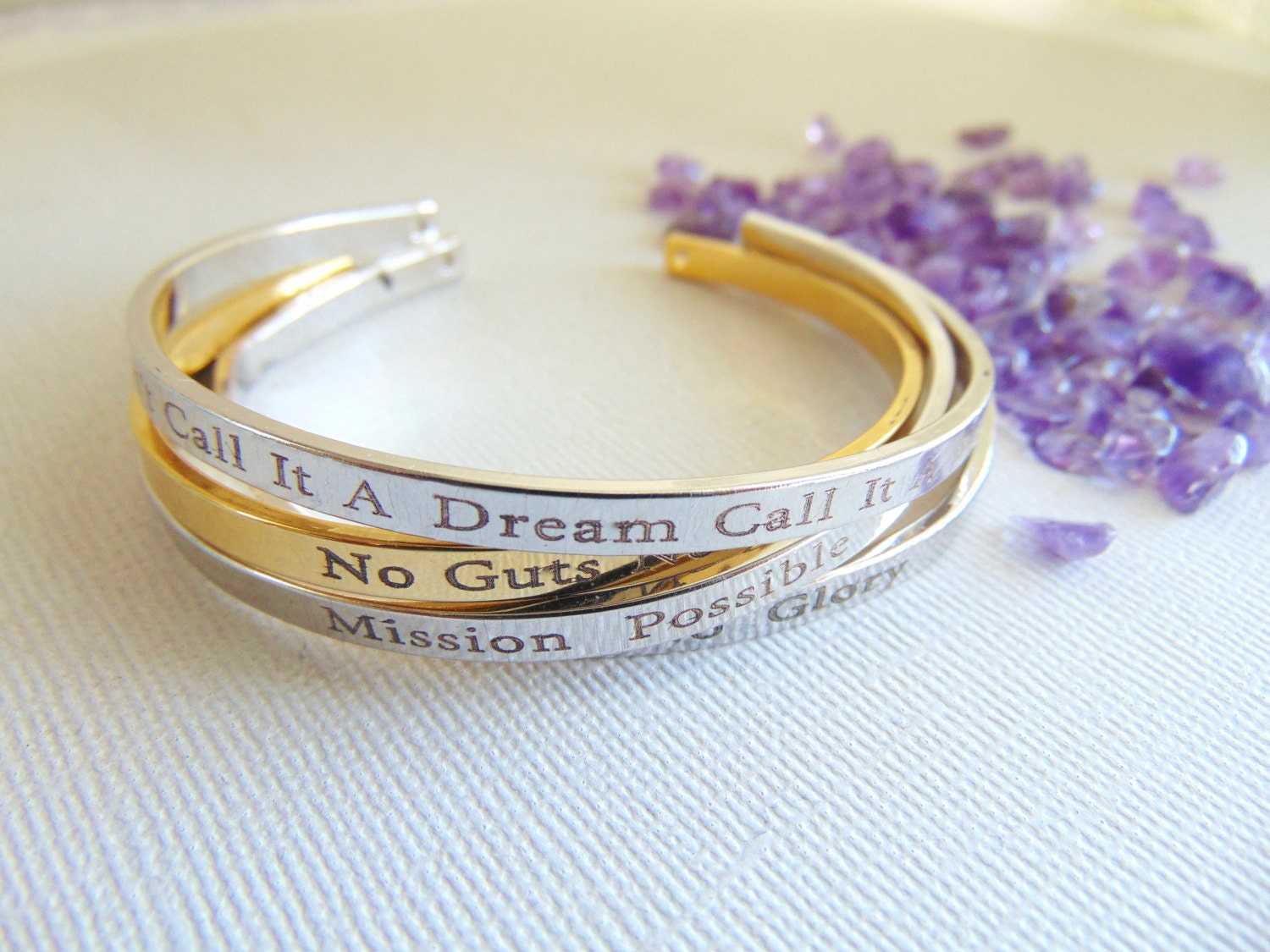 Personalized Bracelet, 16K gold bangle, custom text layered cuff, Secret message, Hand stamped quote Mantra cuff, engraved motivation quote.