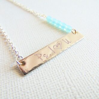 Silver bar necklace, custom name plate necklace with Aquamarine glass beads, personalized hand stamped I Love You necklace, Opal jewelry