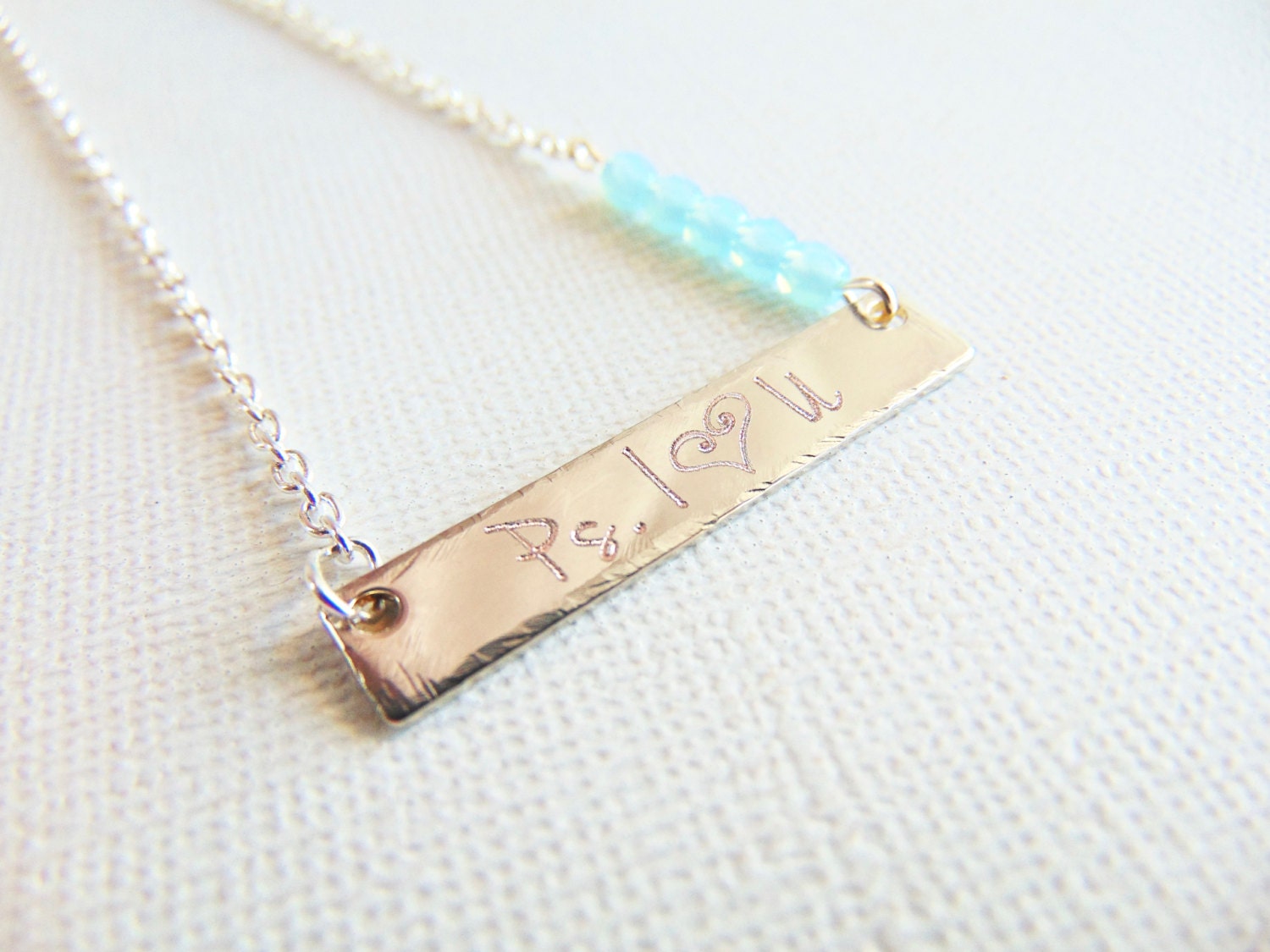 Silver bar necklace, custom name plate necklace with Aquamarine glass beads, personalized hand stamped I Love You necklace, Opal jewelry