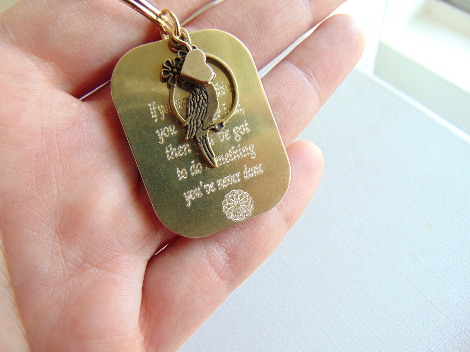 Custom personalized keychain, hand stamped unique key ring, message key charm, Mini mantra key chain, inspirational quote key holder plate