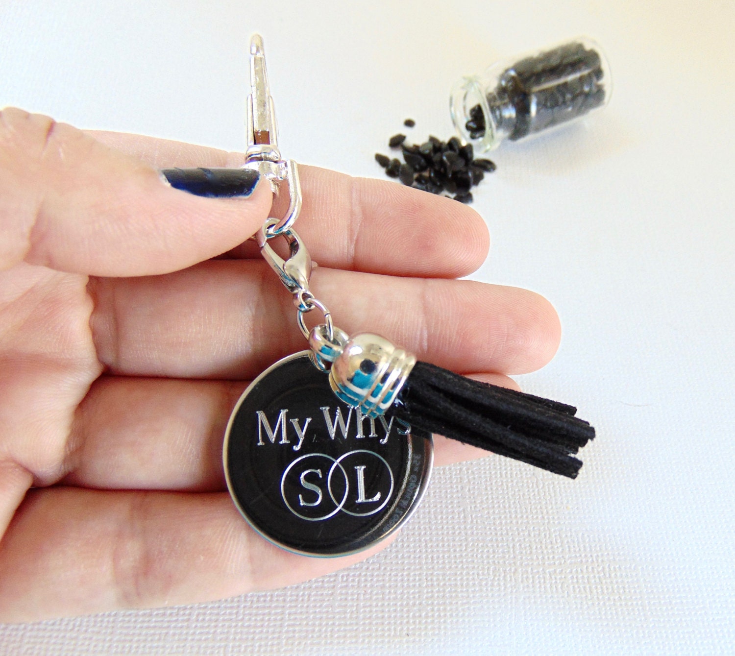 Personalized logo on a keychain, engraved Black, silver key chain, Custom message keychain, inspirational quote disc and black tassel holder