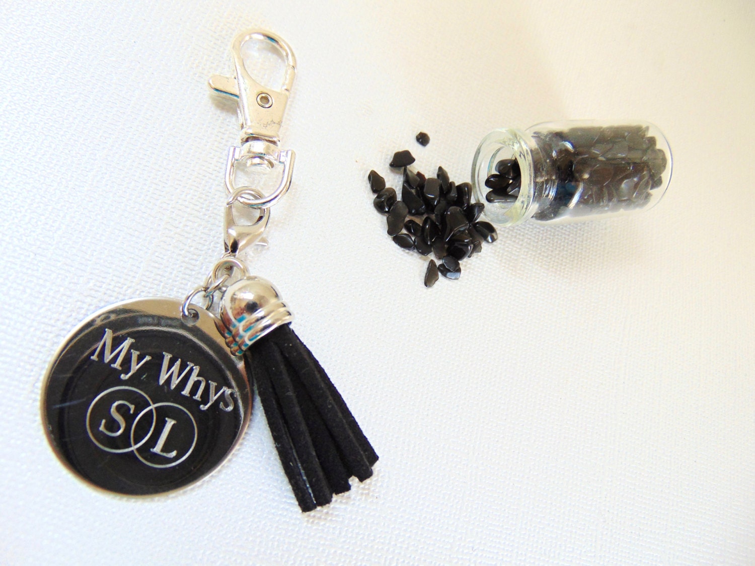 Personalized logo on a keychain, engraved Black, silver key chain, Custom message keychain, inspirational quote disc and black tassel holder
