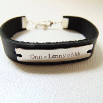 Customized black leather cuff bracelet, engraved message bar bracelet, stamped name plate bracelet, personalized jewelry, unisex gift