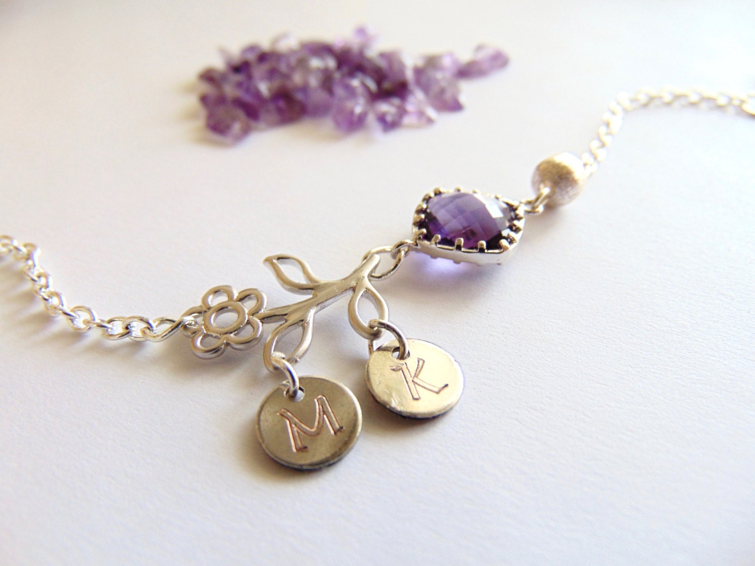 Flower Birthstone Bracelet, Initial charm bracelet, Amethyst Jewelry, February Jewelry, Personalized Custom Birthday gift, Flower girl Gift