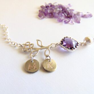 Flower Birthstone Bracelet, Initial charm bracelet, Amethyst Jewelry, February Jewelry, Personalized Custom Birthday gift, Flower girl Gift