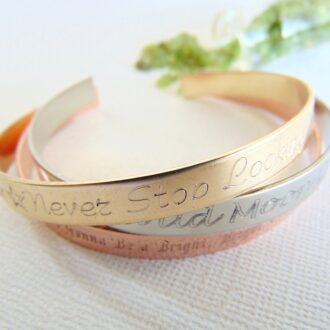 Gold Message Cuff, engraved quote bangle, personalized bridesmaid Bracelet, Stackable bands, Sister gift, bridesmaid gift, Custom name cuff.
